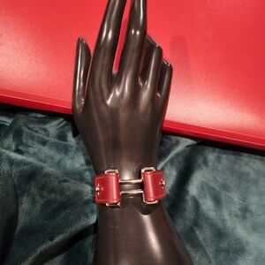 Hermes Red Leather Bracelet with Silver-Tone Hardware